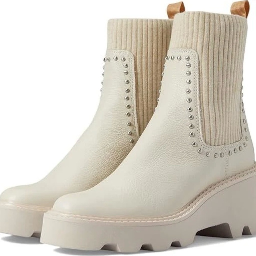 Dolce Vita Hoven Stud H2O Ivory Leather Pull On Round Toe Chunky Platform Boots